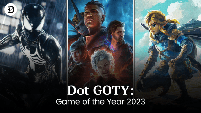 An image of spider-man 2, baldur's gate 3 and tears of the kingdom with text over it saying "Dot GOTY: Game of the Year 2023"