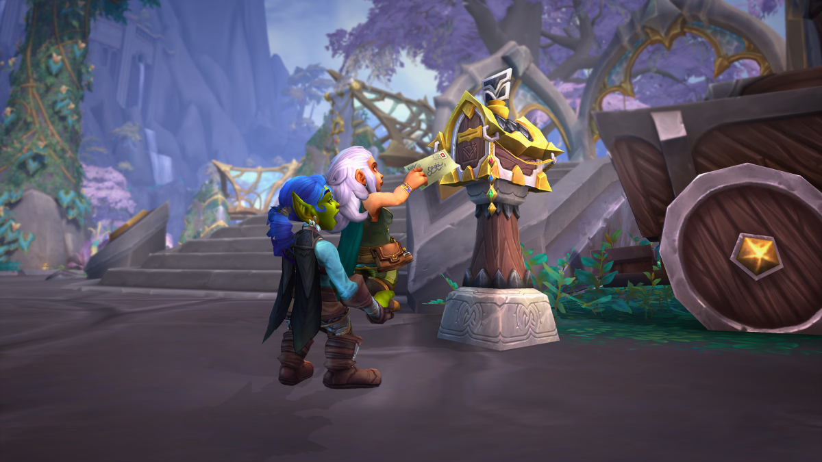 Gobling holding a Gnome while they put a letter into a mailbox