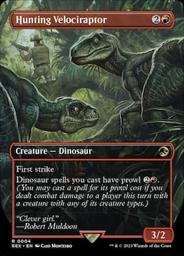 A hunter looking to target dinosaurs with Velociraptors standing behind the hunter