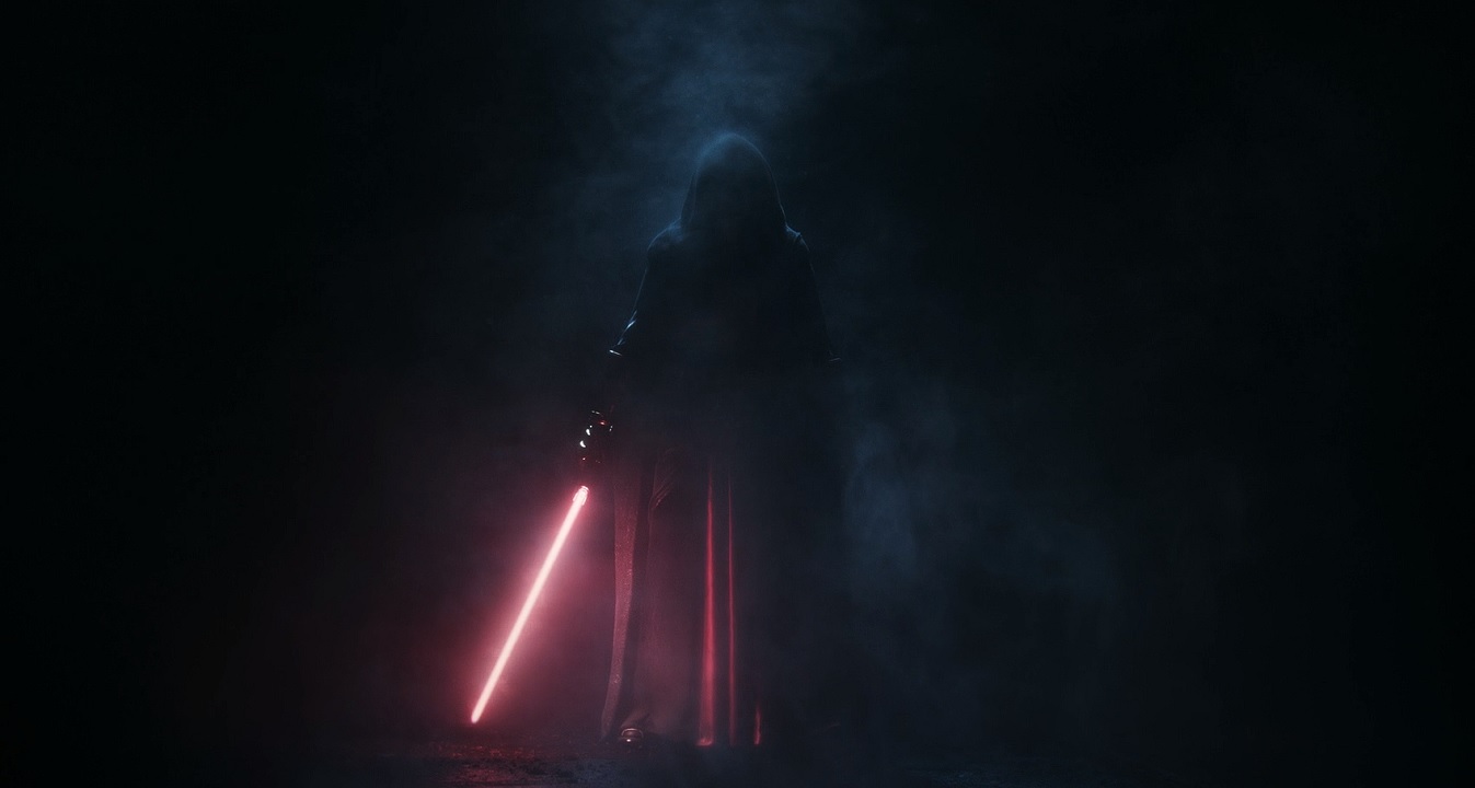 There is a shot of Dark Revan after he has ignited his lightsaber. He is alone in the dark,