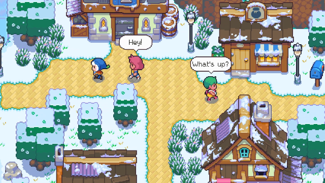 A screenshot from Moonstone Island showing the player character running around the village with NPCs greeting them.