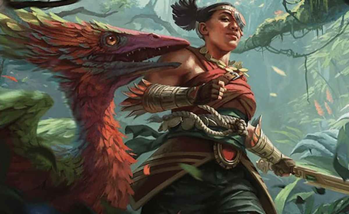 Human warrior training a dinosaur on plane of Ixalan