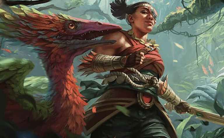 Human warrior training a dinosaur on plane of Ixalan