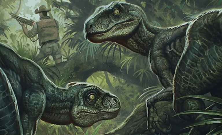 A hunter looking to target dinosaurs with Velociraptors standing behind the hunter