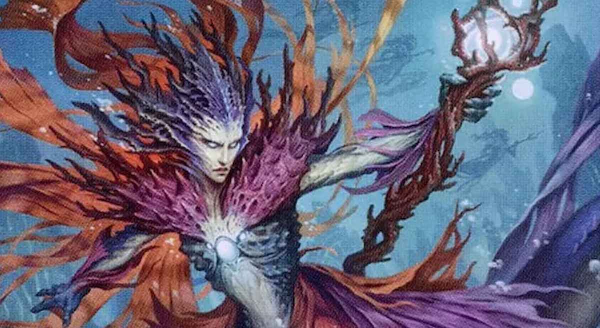 Merfolk casting spell with staff