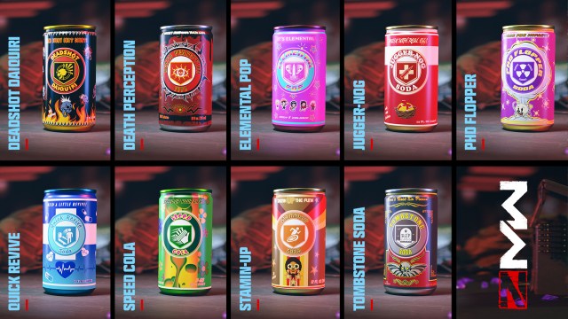 An image showing cans of the nine available perks in MW3 Zombies.