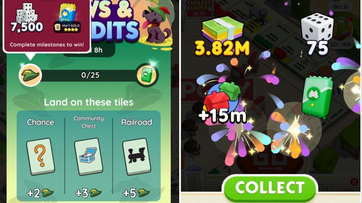 Two screens showing the rewards in Monopoly GO Bows and Bandits events