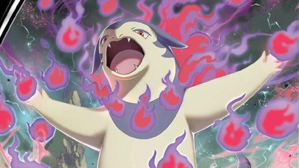 Hisuian Typhlosion roaring with fire balls surrounding it in Pokémon TCG art.