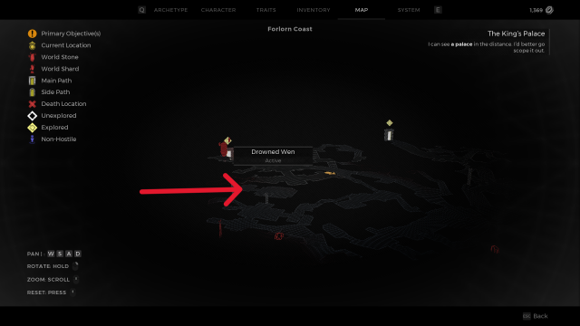 The map of Forlorn Coast in Remnant 2, with an arrow highlighting the location of the Abyssal Hook.