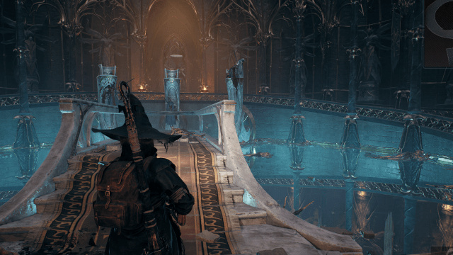 The Awakened King's council room in Remnant 2—a large, gothic chamber with a mirror for a floor.