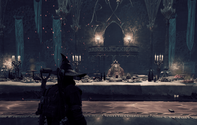 The hero in Remnant 2 standing in front of the Feast Master at his massive dining table in The Great Hall.