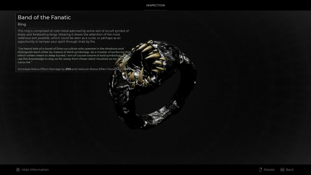 The item inspection screen in Remnant 2, which shows the description for the Band of the Fanatic ring.