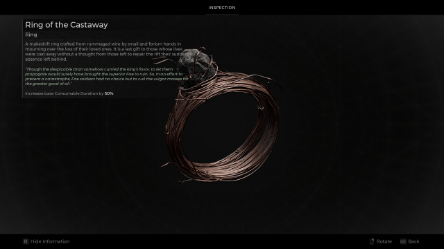 A screenshot of the Ring of the Castaway inspection screen in Remnant 2.