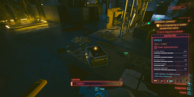 The briefcase that you can find the schematic for the Erebus weapon in Cyberpunk 2077.