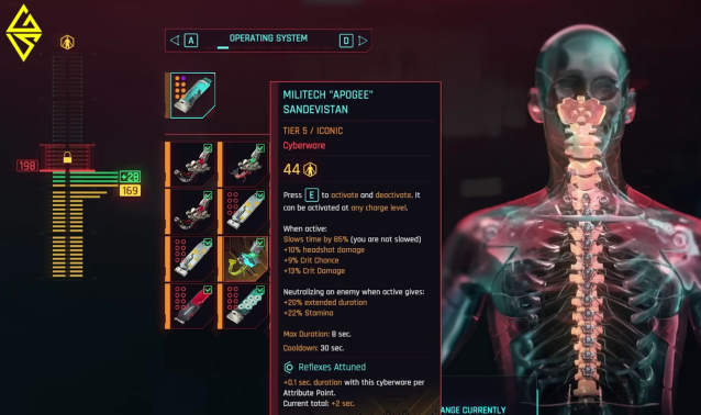 The Militech "Apogee" Sandevistan and a human x-ray in Cyberpunk 2077.