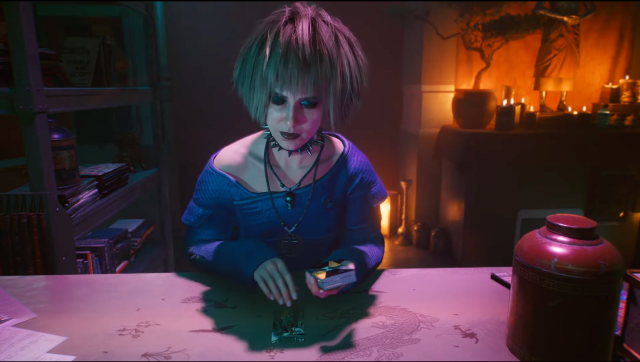 Misty reading cards in Cyberpunk 2077.