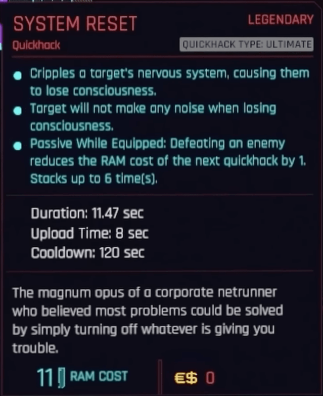 The System Reset quickhack from Cyberpunk 2077.