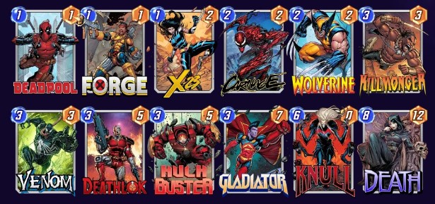 Marvel Snap deck consisting of Deadpool, Forge, X-23, Carnage, Wolverine, Killmonger, Venom, Deathlok, Hulk Buster, Gladiator, Knull, and Death.
