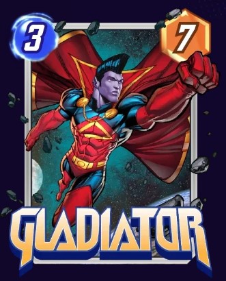 Gladiator card, posing with his fist high while wearing his red costume and cape.