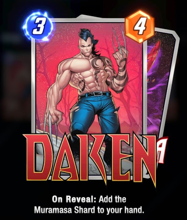 Daken card, showing his upper body with tattoos and claws.