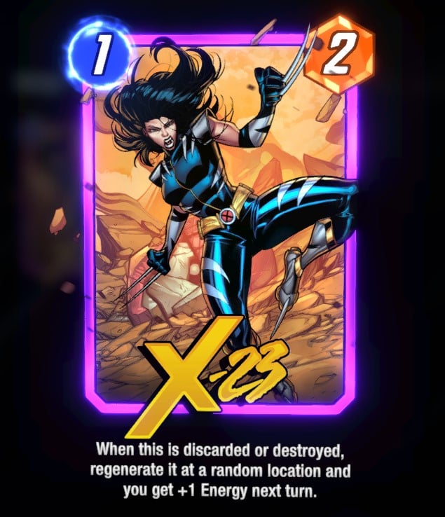 X-23 card, showing her claws and wearing her black costume.