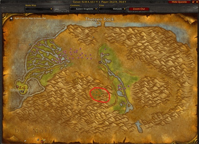 WoW Classic screenshot of the map of the Wetlands with Thelgen Rock circled in Red