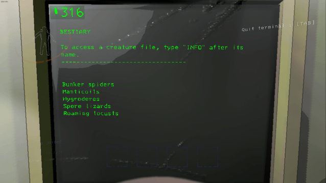 The bestiary screen from the ship Terminal in Lethal Company.