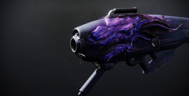 Dragon's Breath, a rocket launcher from Destiny 2, with its purple Season Pass ornament.