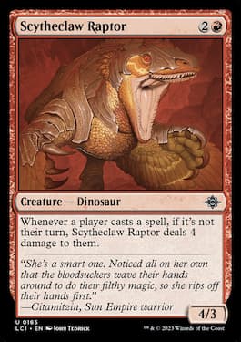 Scytheclaw Raptor is a Dinosaur creature from Lost Caverns of Ixalan