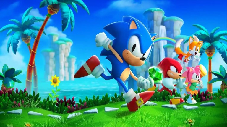 Sonic, Tails, Knuckles and Amy Rose running over a grassy field