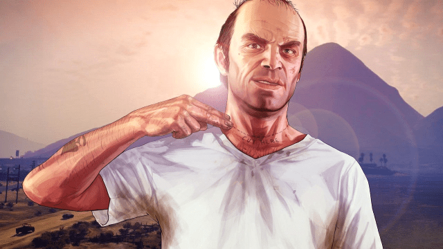 Trevor from GTA V holding his finger to his neck