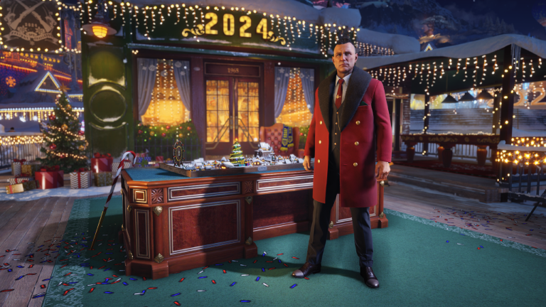 Image of Vinnie Jones' character in World of Tanks' special holidays event. He's dressed in a red suit and is around festive decoration.