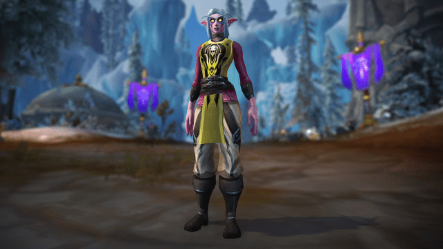 Night Elf standing in the Azure Span on the Dragon Isles and wearing Tabard of Fury Transmog appearance