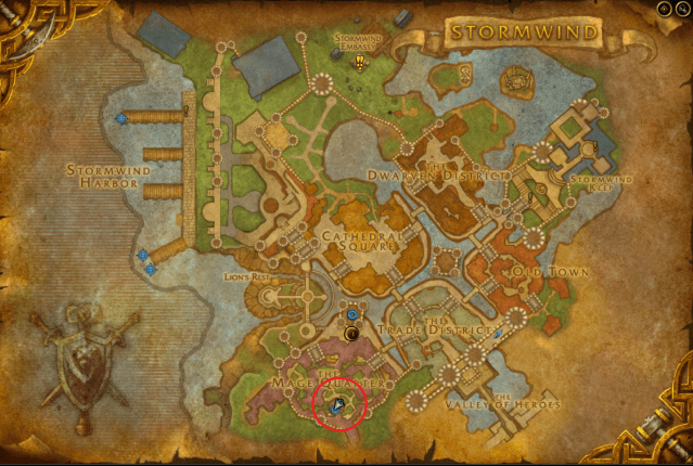 Map of Stormwind with Wizard's Sanctum marked with a red circle