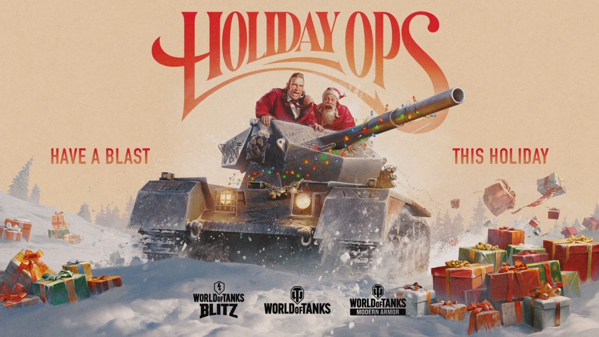 Promotional art for World of Tanks' 2024 Holiday Ops. The art features Santa and Vinnie Jones piloting a tank.