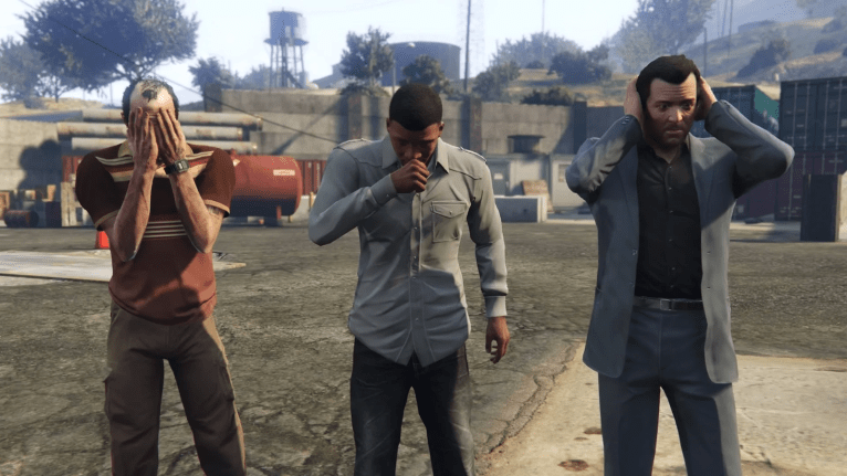 Michael, trevor, and Franklin from GTA V pulling faces.