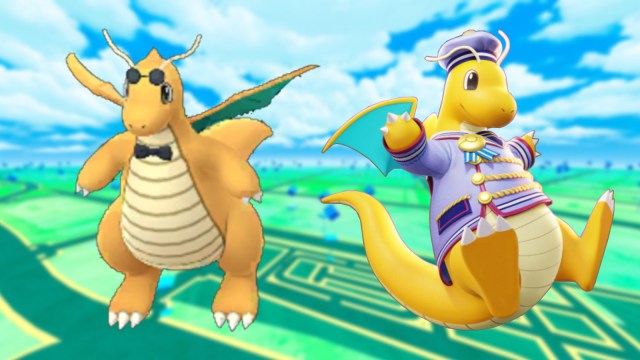 Costumed Dragonite and Marine Style Dragonite side by side.