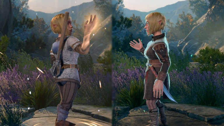 In the BG3 level screen, a halfling with blond hair wears chain mail and then a jacket and dagger, looking at herself from across a divide.