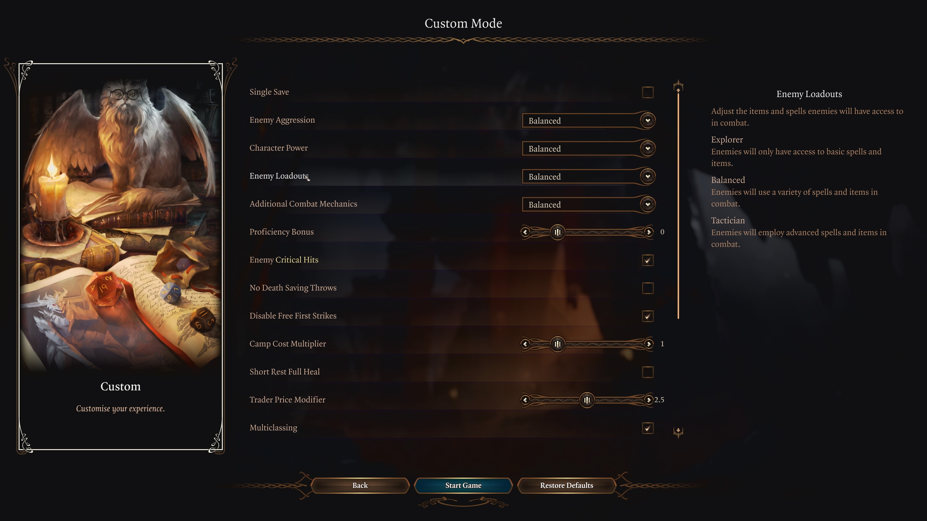 Custom mode menu for Baldur's Gate 3.