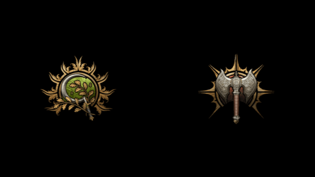 The BG3 symbols for a Druid, a sickle with a twig, and a Barbarian, a greataxe, sit on a black background.