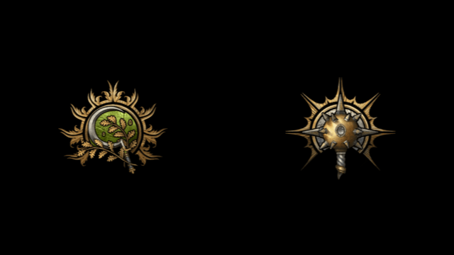 The BG3 symbols for a Druid, a sickle with a twig, and a Cleric, a morningstar, sit on a black background