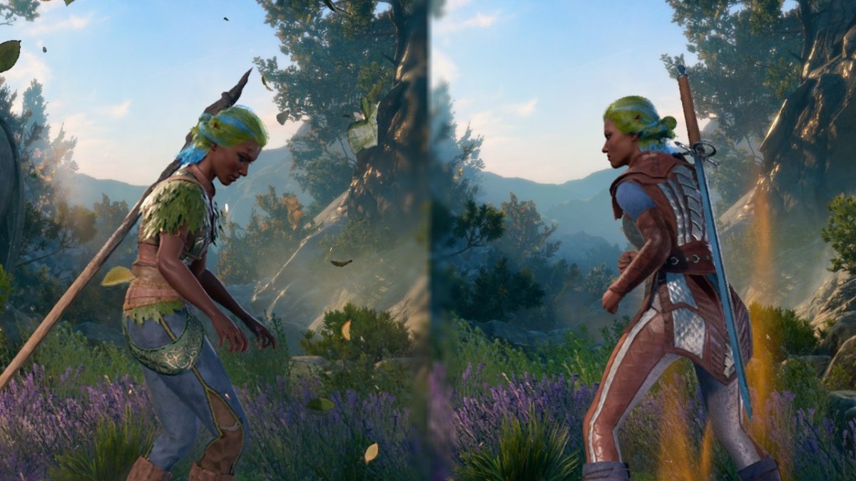 A dark-skinned elven woman with colorful hair faces off against herself, one wearing leather and the other wearing scale mail, during the level-up screen of BG3.