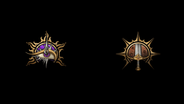 The symbols for a Warlock, an eye on an arcane symbol, and a Fighter, a sword in a sun, in BG3 sit on a black background.