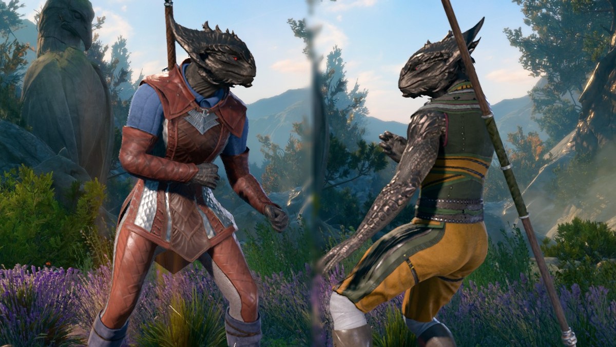 Two dark-skinned dragon women, one in scale mail and another in monk's robes, stare at each other in two versions of the level up screen of BG3.