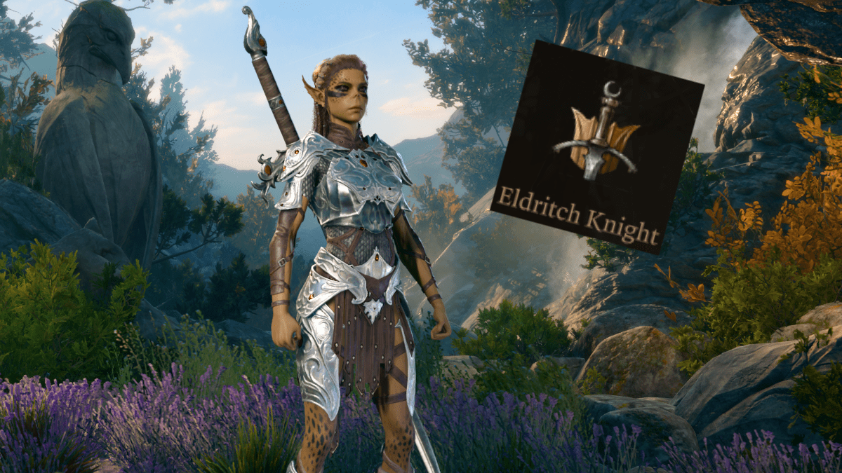 The Githyanki Warrior Lae'zel, with her traditional, multi-faceted armor, stands stoically in a green garden with the symbol for Eldritch Knight next to her in BG3.