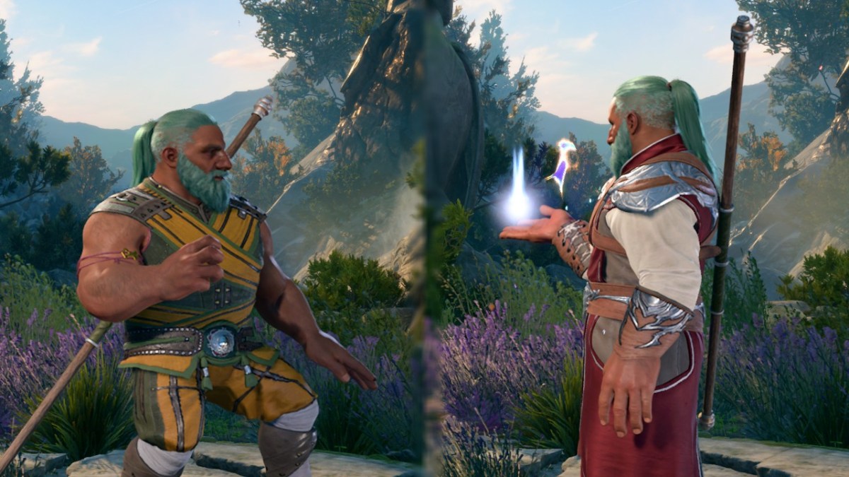 A dwarven man with a blue ponytail and beard looks at another version of himself in BG3's level up screen. The versions wear a Monk and Sorcerer robe, respectively.