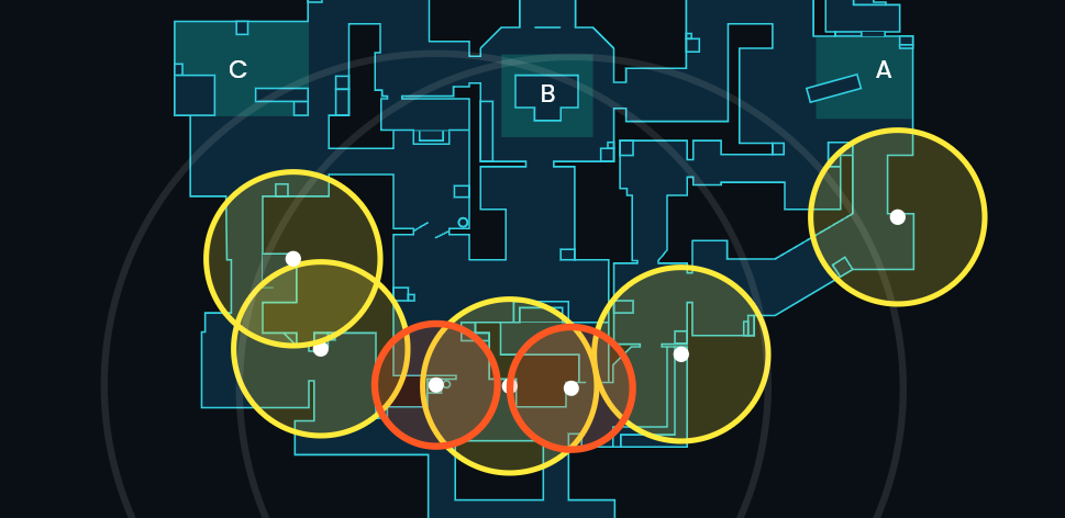 Chamber utility locations for Haven attack in VALORANT.