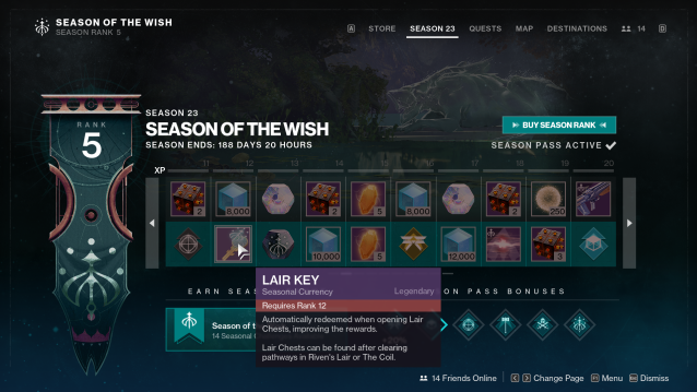 The tiers of the Season of the Wish season pass are displayed, with the player hovering over a tier reward that will grant them a Lair Key at rank 12.