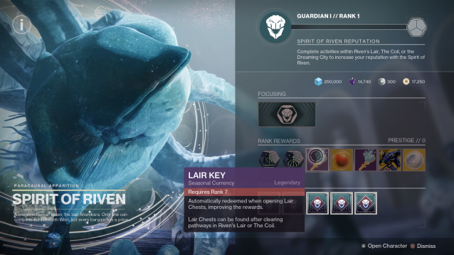 A vendor screen for Spirit of Riven is displayed, with the player hovering over a rank reward that grants a Lair Key.