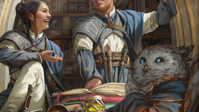 A group of wizards gather around a table in DnD 5E, including an Owlkin.